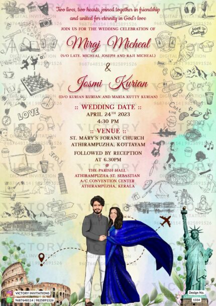 Breathtaking Digital Wedding Invitation Card with Caricature Illustration, Two State Theme, and Personalized Touches for Your Special Day. Design no. 1334