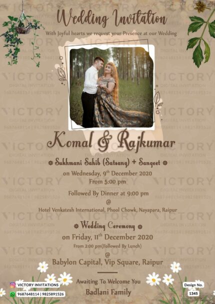 A Digital Wedding Invitation Immersed in Silk Grey backdrop, Exquisite Frame Design, Captivating Couple's Portrait, and Lush Floral Embellishments, design no.1345