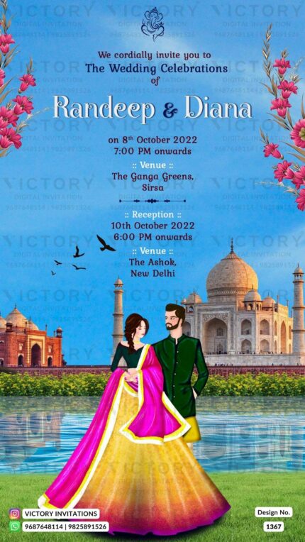 A Captivating Wedding Invitation with the sky blue backdrop, Serene Lake, Sacred Ganesha logo, Blissful Couple doodle, and Majestic Taj Mahal, design no.1367
