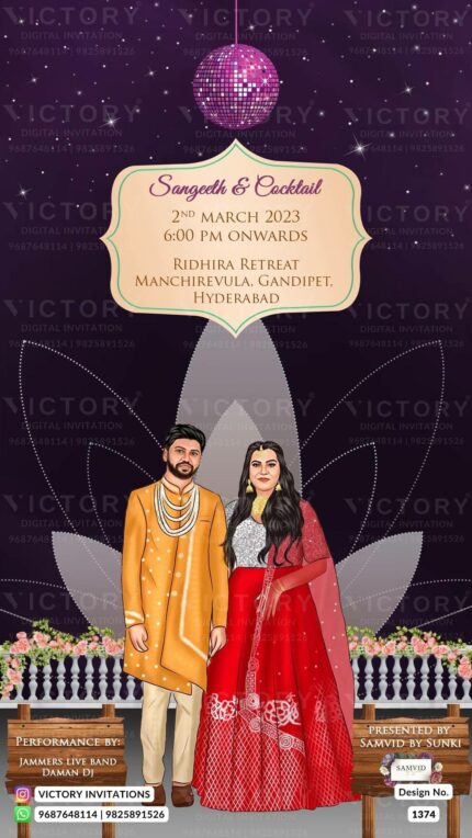 A Majestic Sangeet Celebration Unveiling the Magic of Dark Purple and Onyx with an Enchanting Caricature, Disco Lights, and Elegant Wooden Stands!, design no.1374