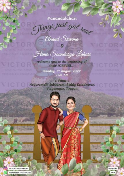 Stylish couple caricature invitation card for the wedding ceremony of Hindu south indian telugu family in english language with floral and mountain theme design 1408