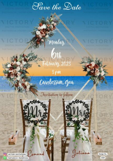 "A Mesmerizing Sunset Beach Soiree Embracing the Serene Palette of Pale Orange, Dusty Blue, and Muted Blue, Adorned with Ornate Chairs, Floral Splendor, and a Golden Frame." Design no. 1409
