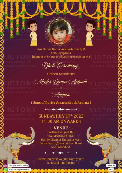 A Spectacular Dhoti Ceremony Invitation, Harmonizing with Black Rose and Thunder Hues, doodles and an Image of the Cherished Boy, Intricately Embellished with a Gilded Frame and Opulent Marigold Garlands, Design no.1422