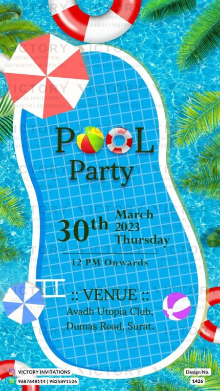 An Enchanting Digital Pool Party Invitation with a Fountain Blue Backdrop, Playful Swimming Pool Elements, design no.1426