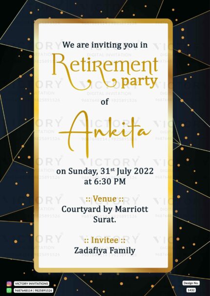 "The Alluring Dark Jungle Green Backdrop, Opulent Golden Patterns, and Sparkling Accents Adorn This Exquisite Digital Retirement Party Invitation Card Designed with Elegance and Sophistication" Design no. 1432