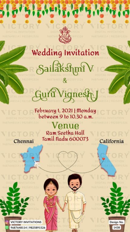 Wedding ceremony invitation card of hindu south indian tamil family in english language with two countries theme design 1438