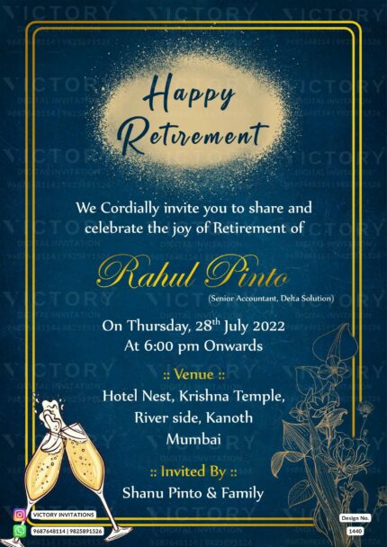 "Retirement Party Invitation featuring a Midnight Blue, Blue Whale, and Black Pearl Backdrop with a Golden Rectangular Frame, a Light Brown Celestial Touch, Sparkling Wonders, and Golden Flower Line Art." Design no. 1440