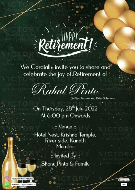 "The Mesmerizing Retirement Party in Enchanting Hues of Dark Jungle Green, Racing Green, and Timber Green, Amidst Golden Balloons and Resplendent Symbols" Design no. 1442