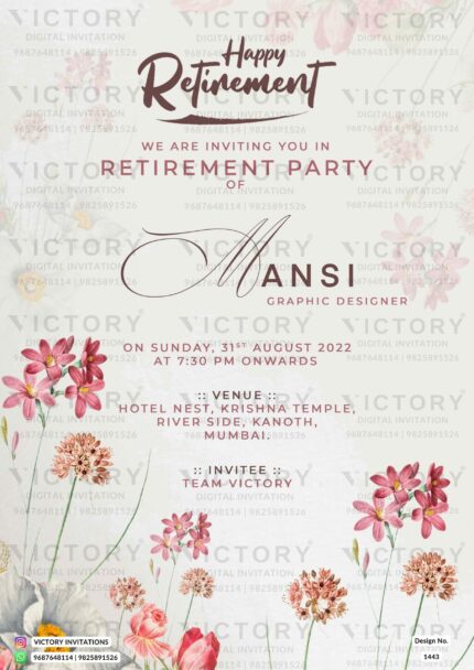 "Elegant Retirement Party with a Dawn Pink and Soft Peach Theme: Embracing Grace and Serenity Amidst Oriental Pink, Peachy Pink, and Ruddy Pink Elements" Design no. 1443
