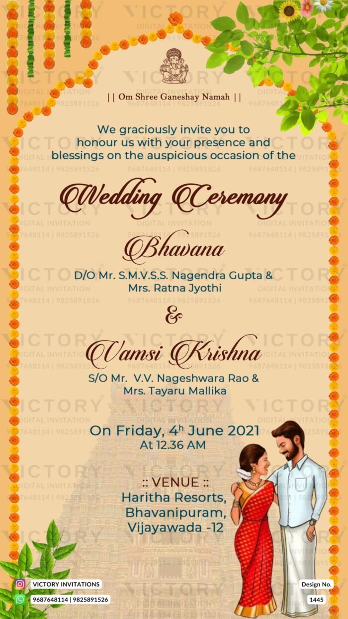 Wedding ceremony invitation card of hindu south indian telugu family in english language with traditional arch theme design 1445