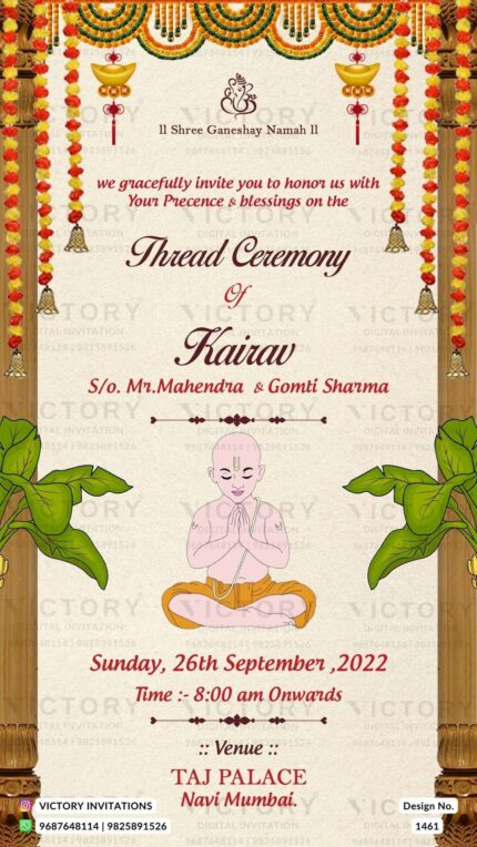 A Breathtaking Thread Ceremony Invitation Infused with Merino Splashes, Ganesha's logo, a Traditional festive Doodle, and Marigold Delights, Design no.1461