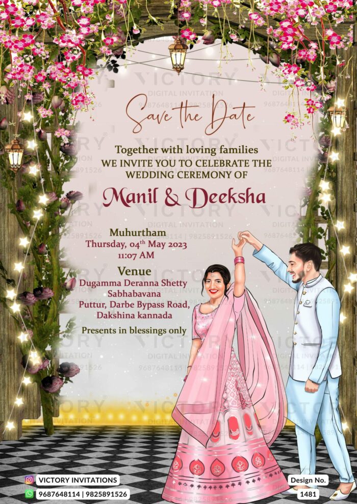 Dancing couple caricature invitation card for wedding ceremony of hindu south indian Kannada family in english language with floral theme design 1481