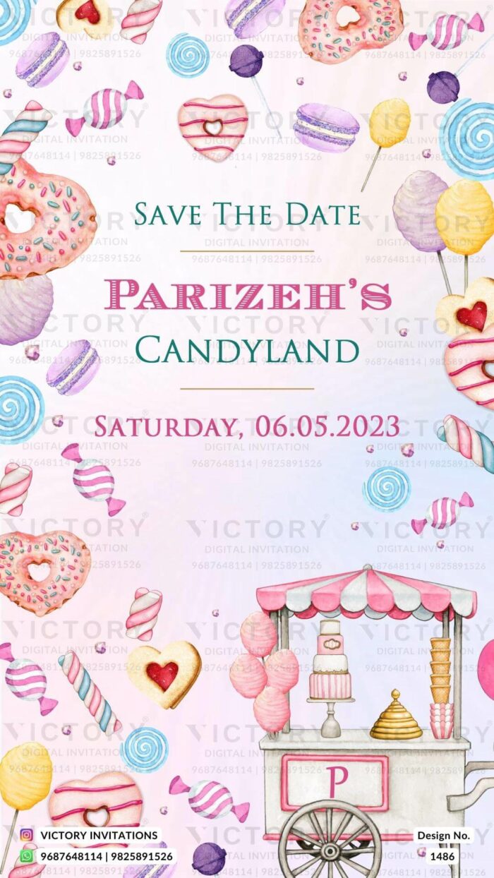 A charismatic Save the Date E-card with baby blue and pink shades, a Mesmerizing Candy Trolley Illustration, Adorned with Lollipops, Chocolates, and Cotton Candy Vectors, Design no.1486