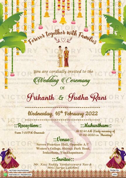 Wedding ceremony invitation card of hindu south indian telugu family in english language with traditional theme design 1496