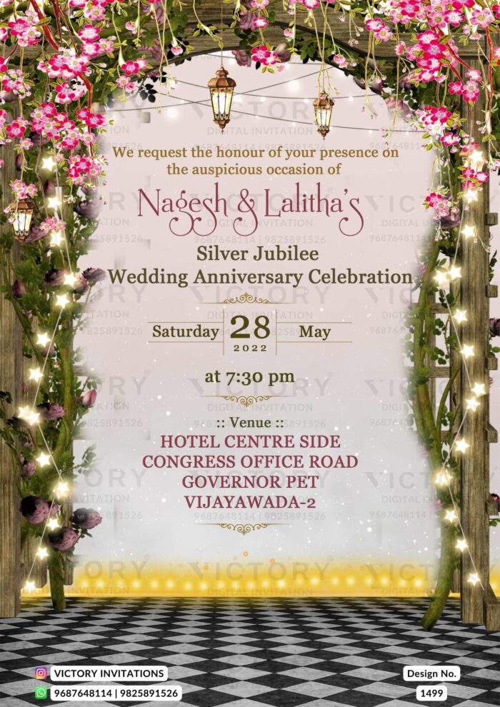 "A Breathtaking Anniversary E-Invite Adorned with Sparkling Star Strings, and Classic Dripping Lanterns on a Captivating Black and White Tiles Backdrop." Design no. 1499