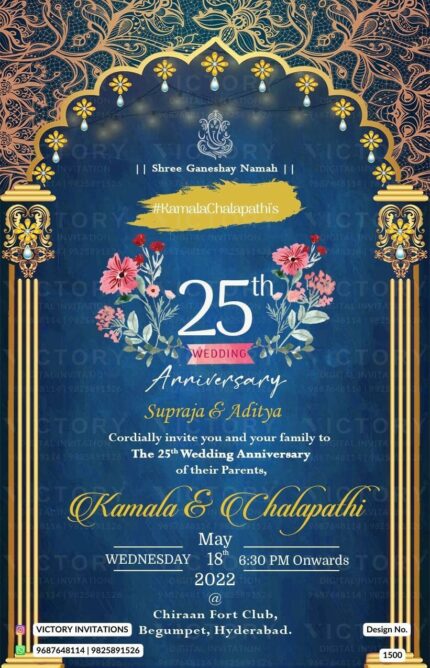 "Golden Archways and Floral Bliss: A Sustainable Indian-Hindu Celebration of a Milestone Wedding Anniversary in Royal Blue Splendor" Design no. 1500