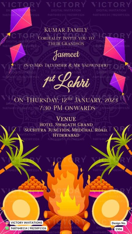 A Lohri Celebration in Embracing the Deep Purple backdrop with Fluttering Kites, Lohri food, tabla, Palm Trees, and Bonfire Bliss, Design no. 1506