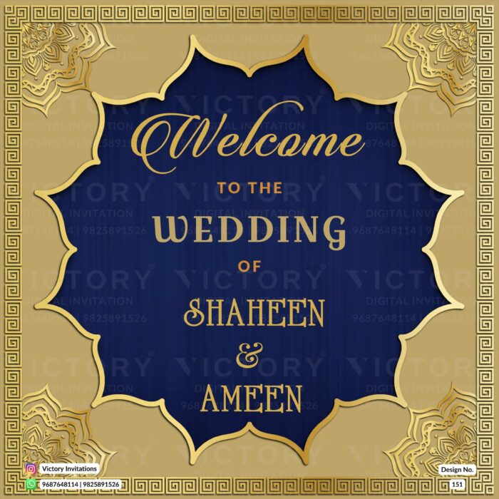 A Captivating Welcome Wedding Standee Unveiling Glided Mandala and Frame Grandeur Amidst a Rich Sandy Brown Background, Design no.151