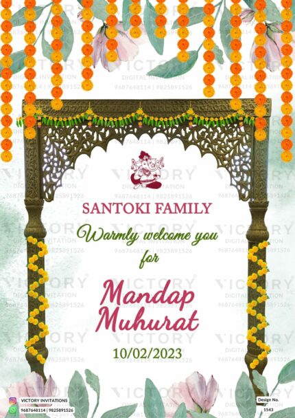 A Vibrant Welcome Standee card: Green-Cyan Backdrop, Auspicious Ganesha Logo, and Elegant Marigold Toran Designs