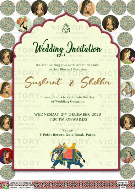 A Vintage-themed Indian Hindu Wedding Invitation with Captivating Mughal and Indian Cultural Illustrations and Elegant Textual Elements on Pastel-colored Overlays Outlined with Plush Indian Temple Arch Frames