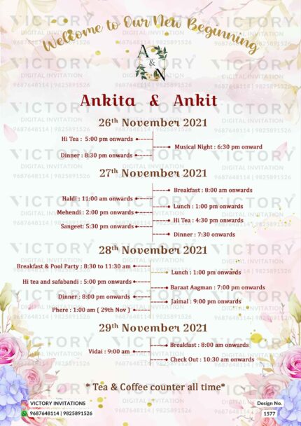 Wedding ceremony invitation card of hindu modern family in english language with floral theme design 1577