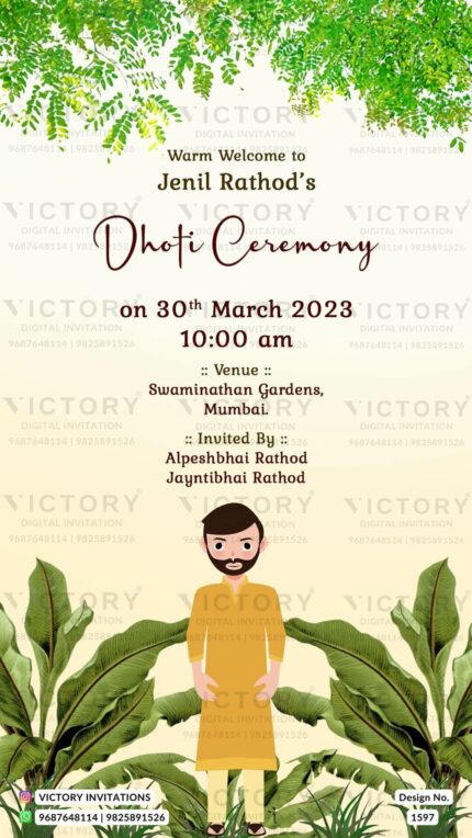 A Mesmerizing Digital Dhoti Ceremony Invitation Card featuring Floral White and Half Dutch White Backdrops, Vibrant Greens, Dull Yellow Leaves, and a Delightful Doodle, Design no. 1597