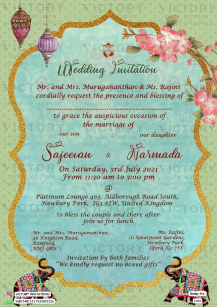 Wedding ceremony invitation card of hindu north indian family in english language with traditional arch theme design 1605