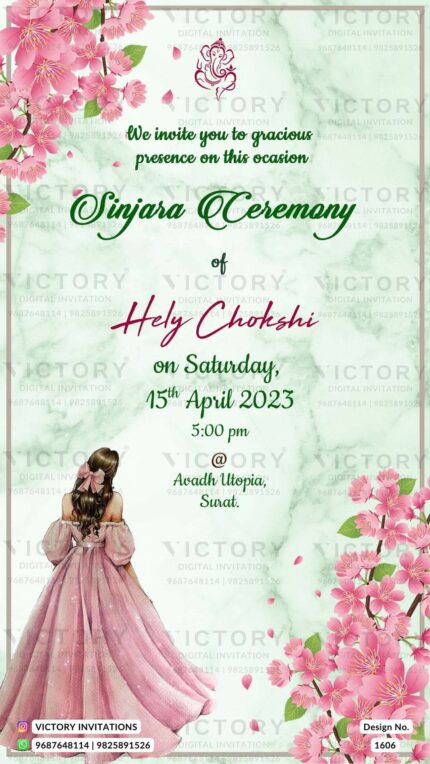 A Breathtaking Sinjara Ceremony Invitation with Green White Marble Textured Accents, Delicate Pink Rose Blossoms, Lush Green Leaves, and a Resplendent Doodle of a Graceful Girl, Design no. 1606