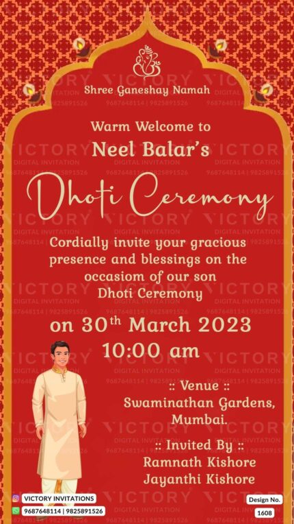 The Mesmerizing Dhoti Ceremony Amidst Majestic Red Damask, Ornate Golden Arch, and Divine Blessings of Lord Ganesha, Design no. 1608