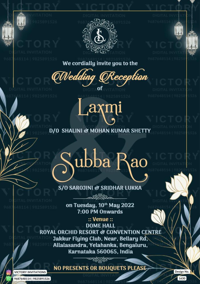 Wedding ceremony invitation card of hindu south indian kannada family in english language with artistic leaves theme design 1630