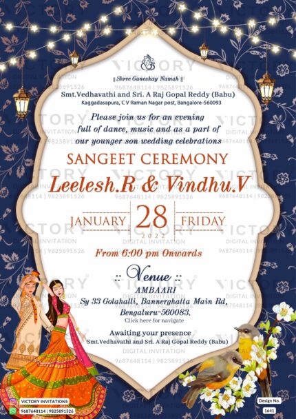 "A Dark Blue Sangeet Invitation Immersed in Divine Blessings, Enchanting Sparrows, and Illuminating Lanterns, with a Whimsical Couple Doodle" Design no. 1641