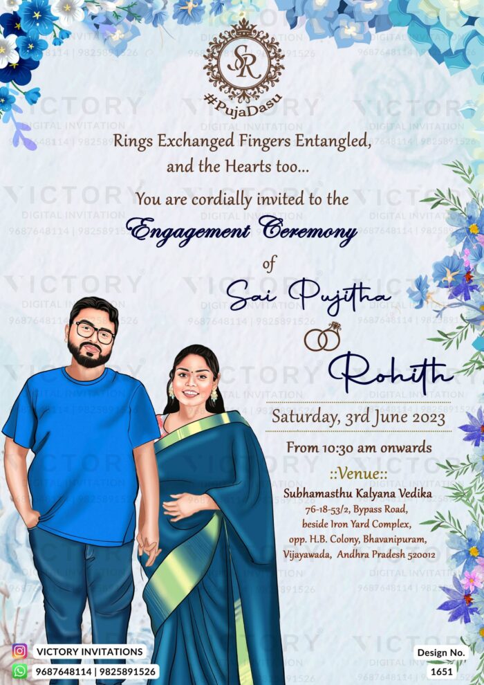 The Engagement Invitation Lavender Mist, Peach, and a Kaleidoscope of Blossoms, Embracing Love with Caricatures, Leaves, Ring & Logo, Design no. 1651