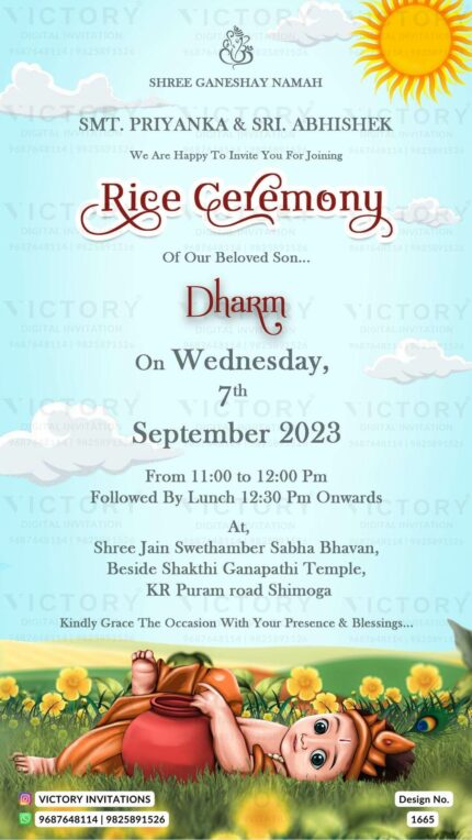 A digital Rice Ceremony Invitation with a Sky-Blue Backdrop, Divine Ganesha Motif, Enchanting Doodle of the boy, Radiant Sun Illustration, and Whimsical Garden Theme, Design no.1665