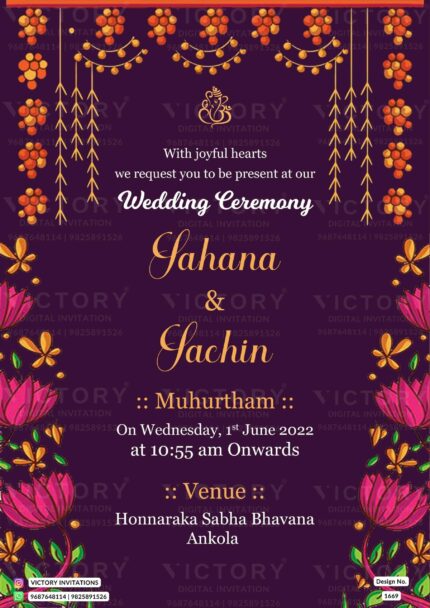 Wedding ceremony invitation card of hindu south indian kannada family in english language with vintage theme design 1669