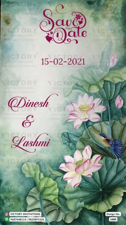 "A Mesmerizing Save The Date Card with Light Grey, Hazel Green, and Greenish Grey Backdrops, Delicate Pink Lotus, Leaves in Enchanting Shades, and a Magnificent Blue Bird" Design no. 1685