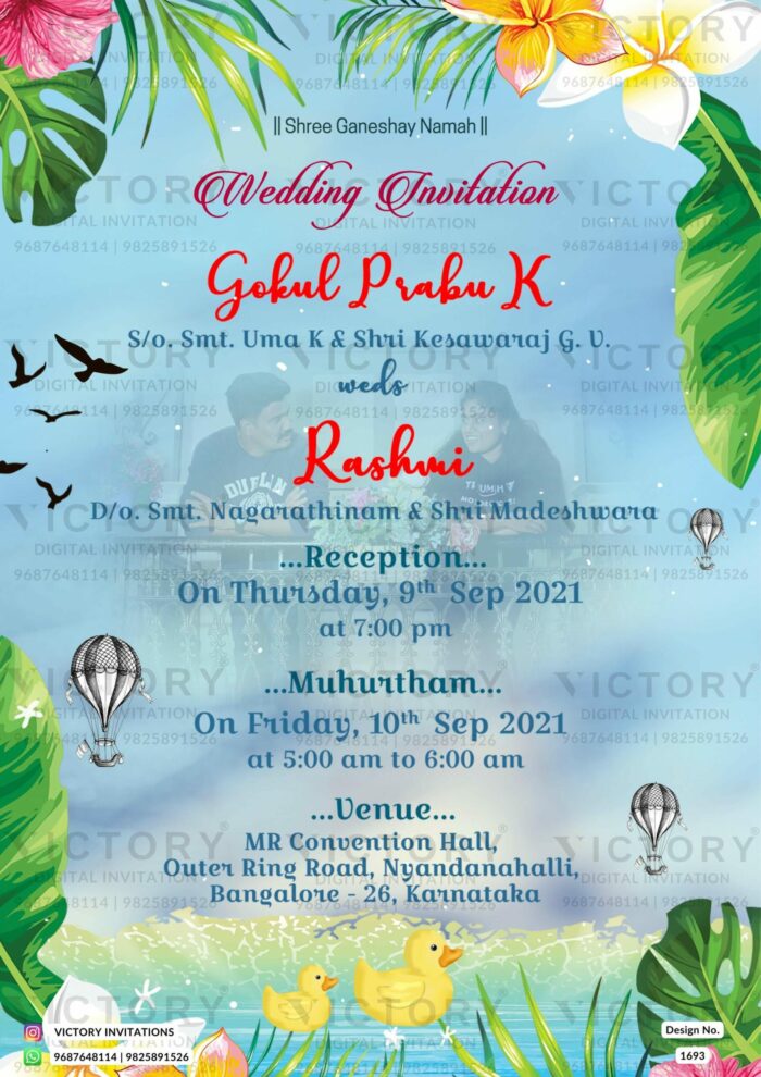 Wedding ceremony invitation card of hindu south indian kannada family in english language with couple photo beach theme design 1693