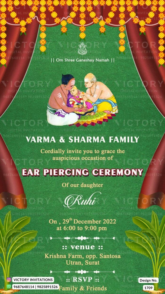 The Ear Piercing Ceremony in Forest Green hues backdrop, Festive Doodles, Enchanting Garlands, and Opulent Curtains, Design no. 1709
