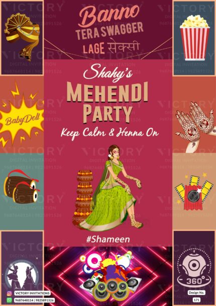 Vibrant Shaded Traditional Whimsical Theme Indian Mehendi Invitation Card with Mehendi Bride Doodle Illustration, Design no. 171