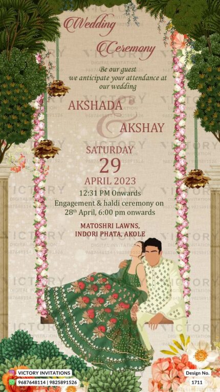 Wedding ceremony invitation card of hindu maharashtrian marathi family in english language with garden theme design 1711