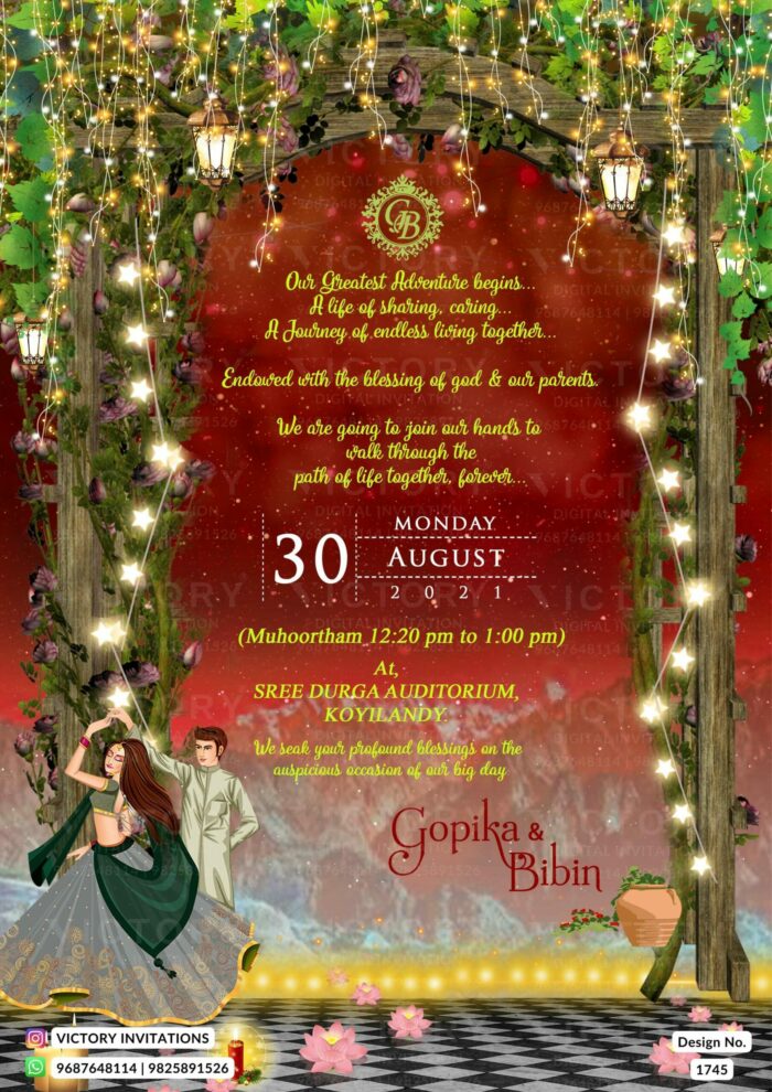 "Whimsical Woodland-Themed Luxury Design for an Indian-Hindu Sangeet Ceremony: A Muted-Brown Wooden Frame Adorned with Leafy Motifs, Cherry Blossoms, Gold and Silver Lights, Wild Aegle Marmelos, and Vintage Lanterns, Featuring an Original Portrait of the Couple, Complemented by Essential Details and Comical Illustrations"