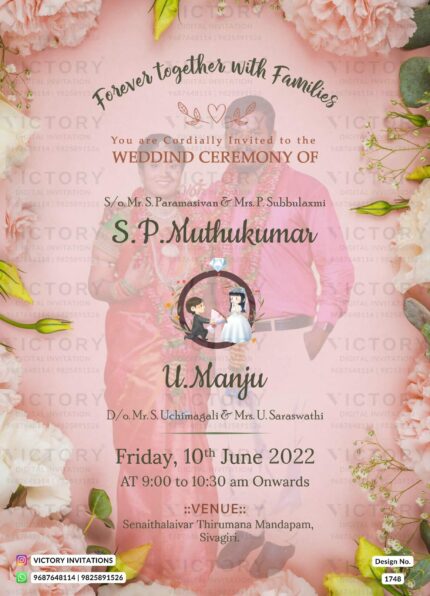 Blush Pink Floral Theme wedding e-invite with stunning Diamond Ring and Couple Doodle and image