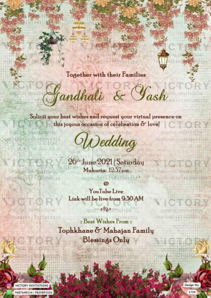 "An Exquisite Traditional E-Invitation with Embroidered Peacock Illustrations, Delicate Botanical Motifs, and Classic Doodles for a Whimsical Indian Wedding Celebration"