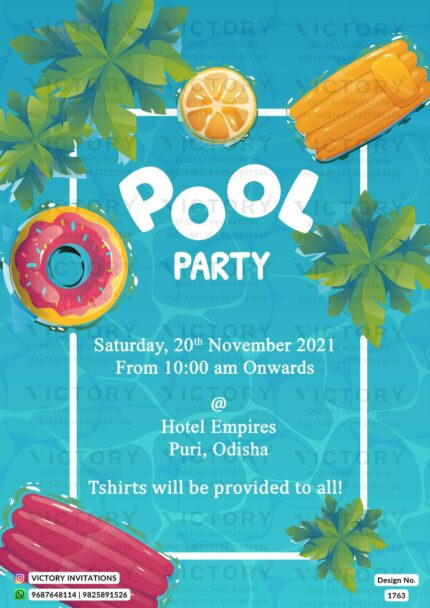 An Enchanting Digital Pool Party Invitation with a Fountain Blue Backdrop, Playful Swimming Pool Elements, and lush coconut leaves splendour