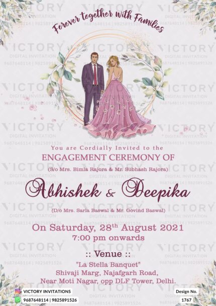 "Enchanting Green Leave, Gold Ring, and Soft Pink Indian Engagement E-Invite with Charming Couple Doodle" Design no. 1767