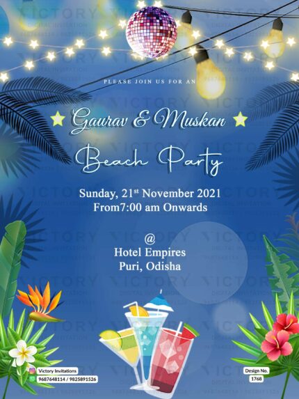 "A Beach-Themed Masterpiece: Our Stunning Invitation Card with Mocktail Juice, Blossom and White Flowers, Green Leaves, Dancing Glob, and Star Light Series