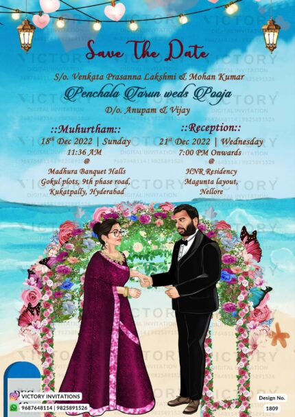Proposing couple caricature invitation card for the wedding ceremony of Hindu south indian telugu family in english language with beach theme design 1809
