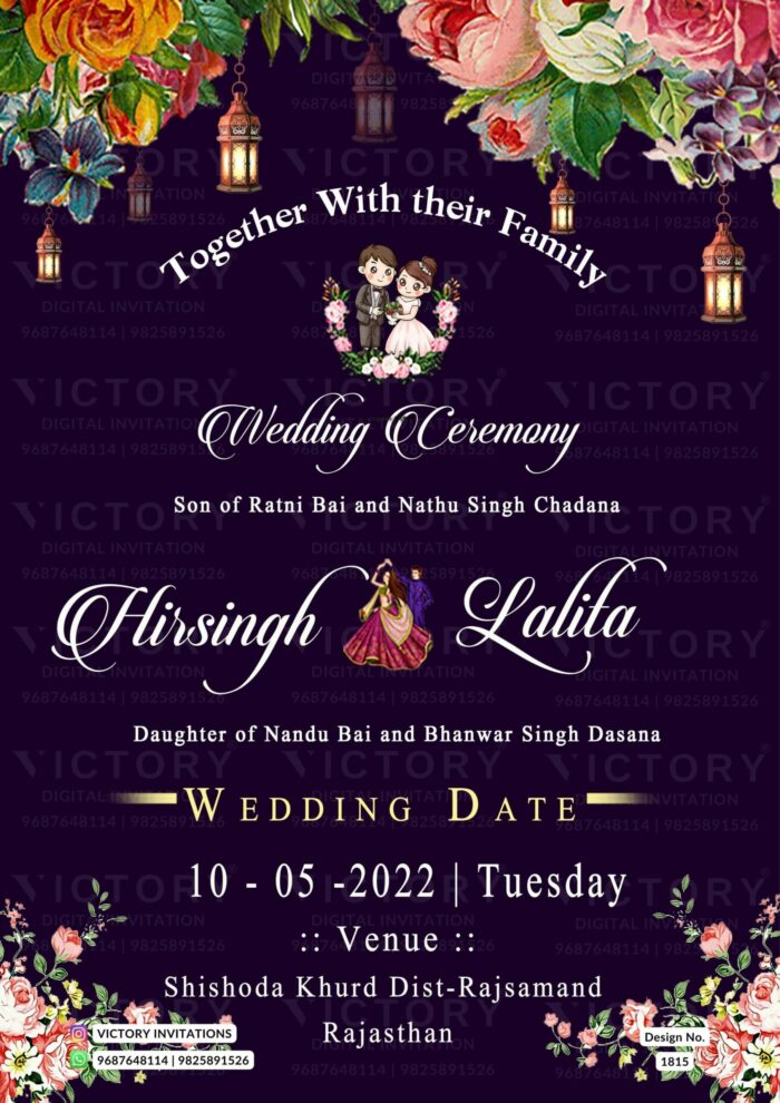 Wedding ceremony invitation card of hindu rajasthani marwari family in english language with artistic flowers theme design 1815