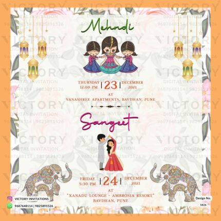 A magnetic Sangeet E-Invitation with Rose White Backdrop, Festive Doodles, Ornate Frames, and Floral Extravaganza