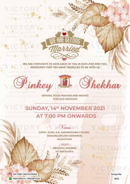 Wedding ceremony invitation card of hindu rajasthani royal family in english language with artistic flower theme design 1842