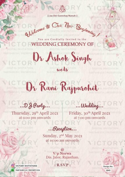 "An Exquisite Floral-themed Wedding Invitation Design Featuring Intricate Illustrations in Shades of Burgundy, Blush, and Pink, with Om Shri Ganesh and English Text Elements for an Indian-Hindu Ceremony"